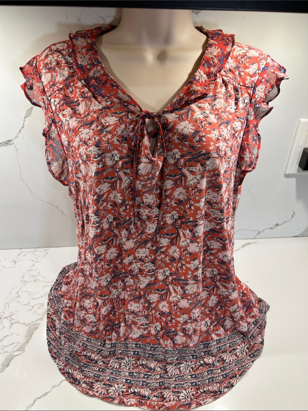Lucky Brand Coral Floral Tie-Front Flutter Sleeve Blouse